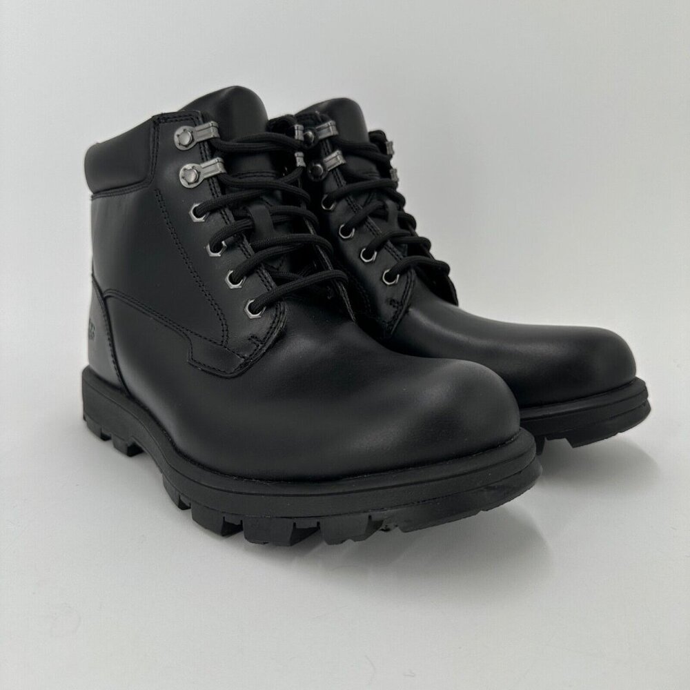 UGG Men's Steton Lace-up Boots size 7 Black Leather Water Repellent Wool-Lined